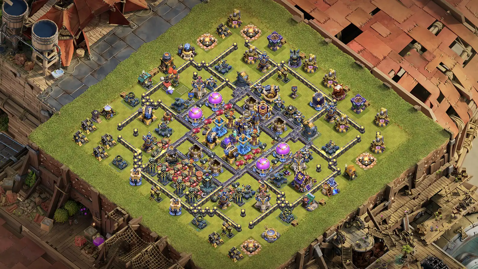 TH18 anti–2-star farming base with protected storages, splash-covered Town Hall, and RC bait at 8 o’clock using Bombs and Giant Bombs.