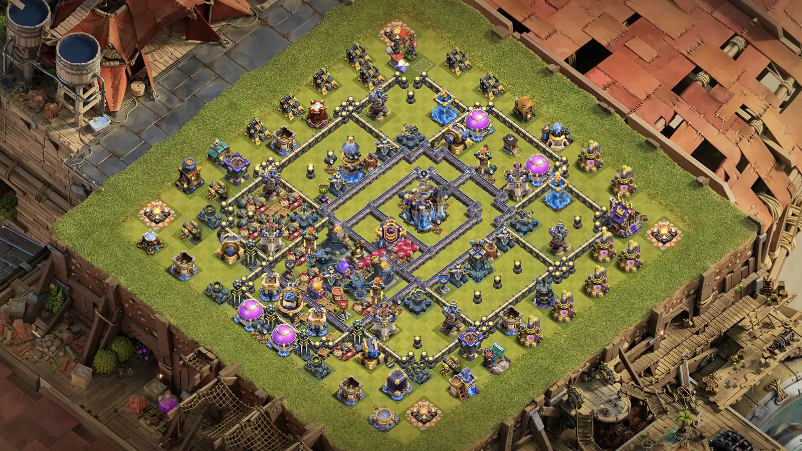 TH18 anti-2 ring base with Rage Tower protected by high-HP defenses, Poison Tower at 8 o’clock, and long-shot troop pathing that counters RC Walk, Warden Fireball, Root Riders, and Dragons.