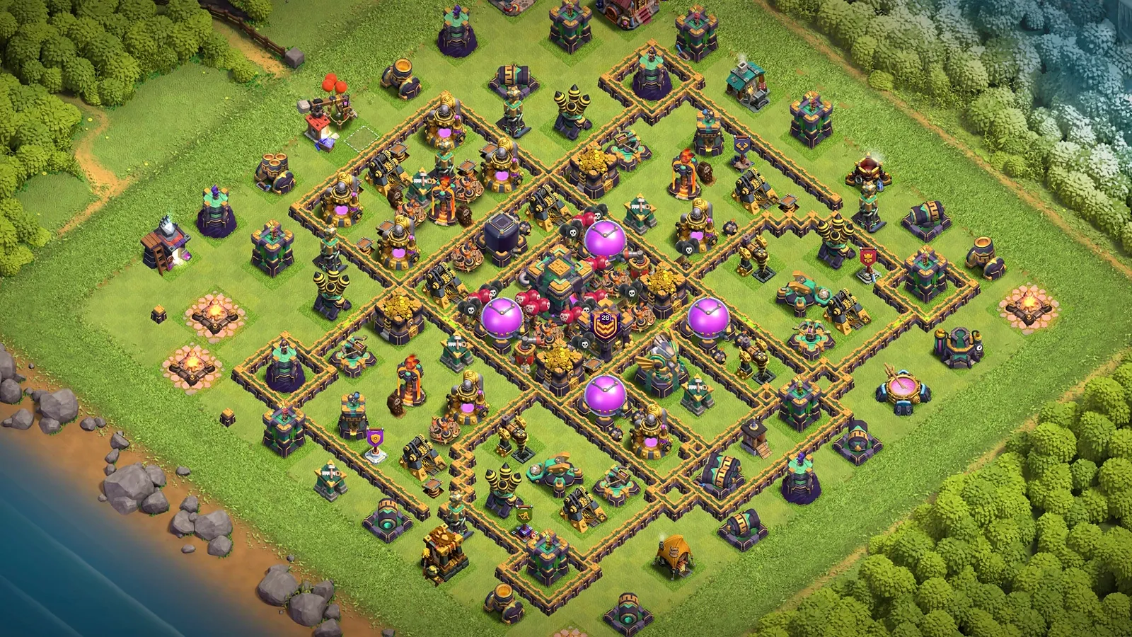 TH14 Anti-3 Farming Base layout with core storages, heavy trap protection, dual Multi Infernos, well-placed Dark Elixir Storage, and Air Sweepers pointing to stop Dragon attacks (2025).
