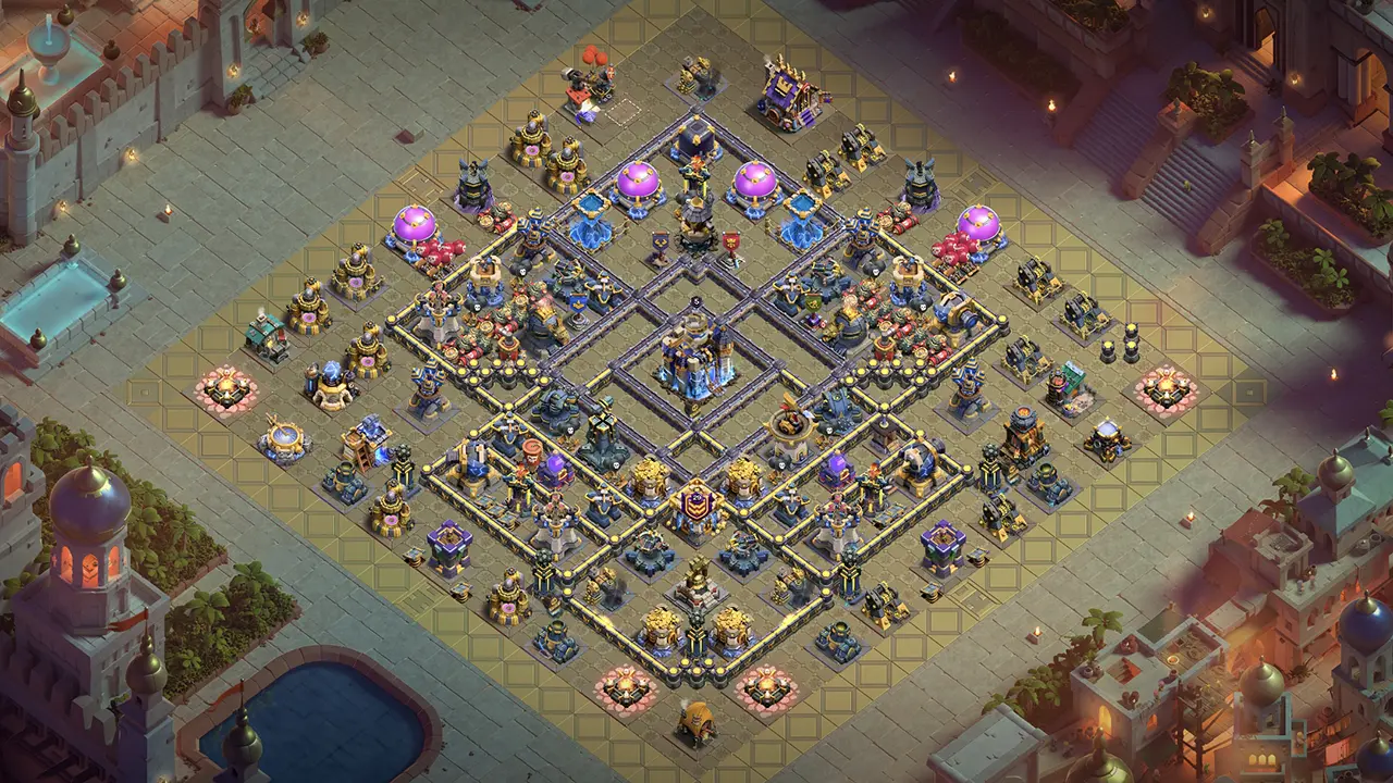 TH18 Anti-2 Hero Bell Ranked Base layout with large dead zone, strong Town Hall protection, Hero Bell bait, Rage Tower compartments, and anti–Warden Fireball setup.