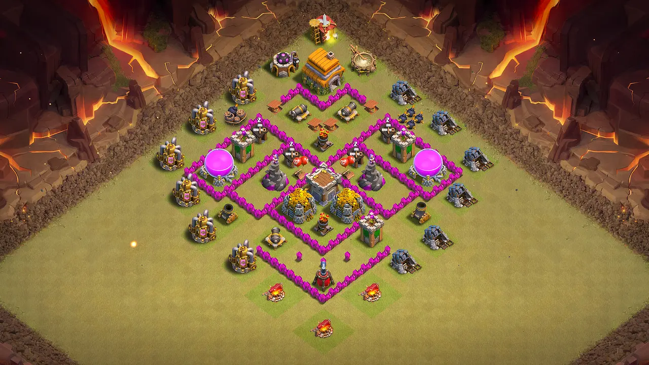 TH6 Anti-3 CWL Base #3 — CoC CWL Anti-3. Symmetric layout, Spring Trap Giant bait, Wizard Towers vs ground and air troops. Copy on ClashBaseLink.