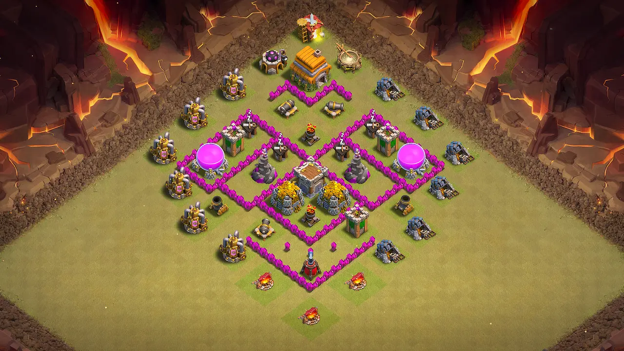 TH6 CWL base with symmetric anti-3-star layout, centered Clan Castle pressuring attackers, and Spring Traps baiting Giants at the top. scout view - full base layout for clash of clans town hall 6