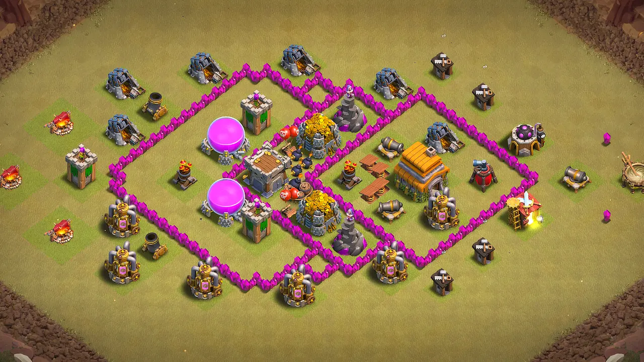 TH6 Anti-3 CWL Base #4 — CoC CWL Anti-3. Diamond layout, inner ring Air Defenses vs Balloons, outside pull and kill. Copy on ClashBaseLink.