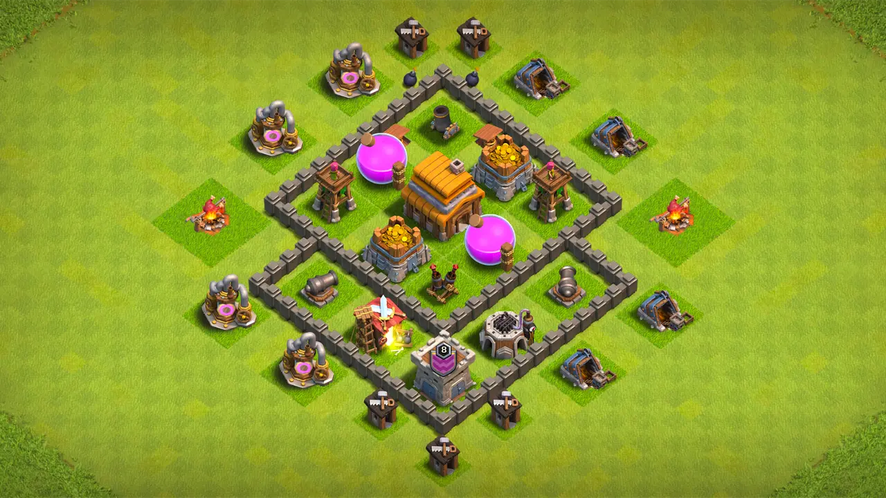 `TH4 farming base with centered Air Defense, storages behind walls, and traps to stop Giants, Wall Breakers, and Balloon spam.`