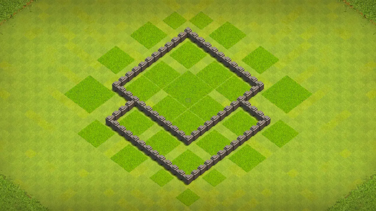 `TH4 farming base with centered Air Defense, storages behind walls, and traps to stop Giants, Wall Breakers, and Balloon spam.` wall view - wall layout only for clash of clans town hall 4