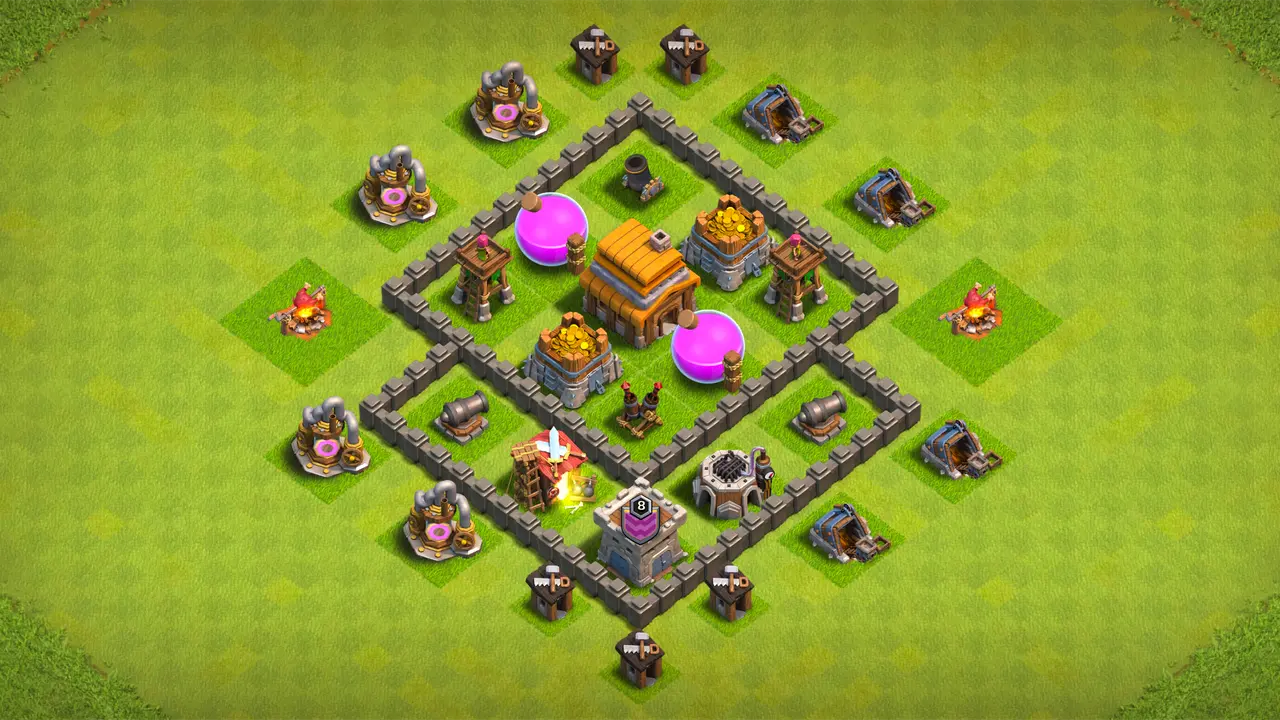 `TH4 farming base with centered Air Defense, storages behind walls, and traps to stop Giants, Wall Breakers, and Balloon spam.` scout view - full base layout for clash of clans town hall 4