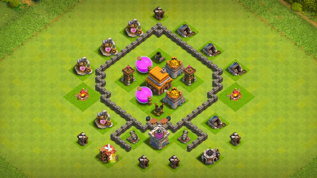 `TH4 farming base with Town Hall and storages behind thick walls, Mortar and Archer Tower combo, and central Air Defense with trap support.`