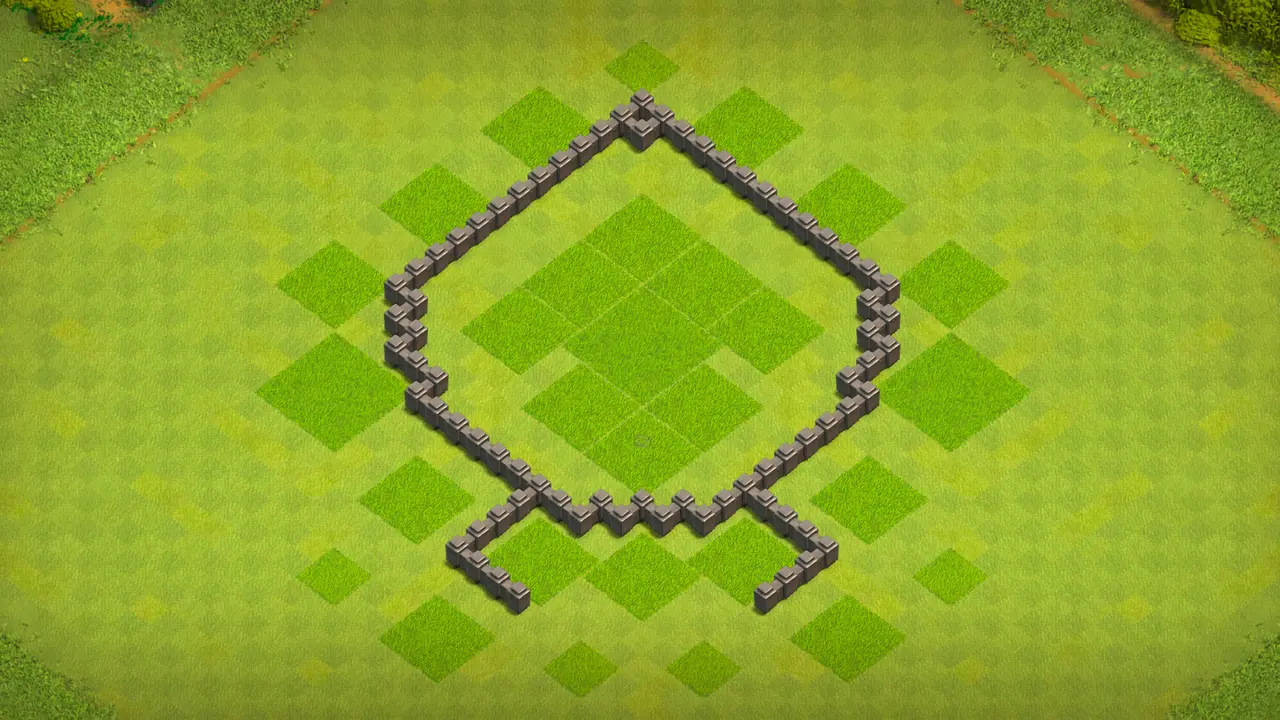 `TH4 farming base with Town Hall and storages behind thick walls, Mortar and Archer Tower combo, and central Air Defense with trap support.` wall view - wall layout only for clash of clans town hall 4