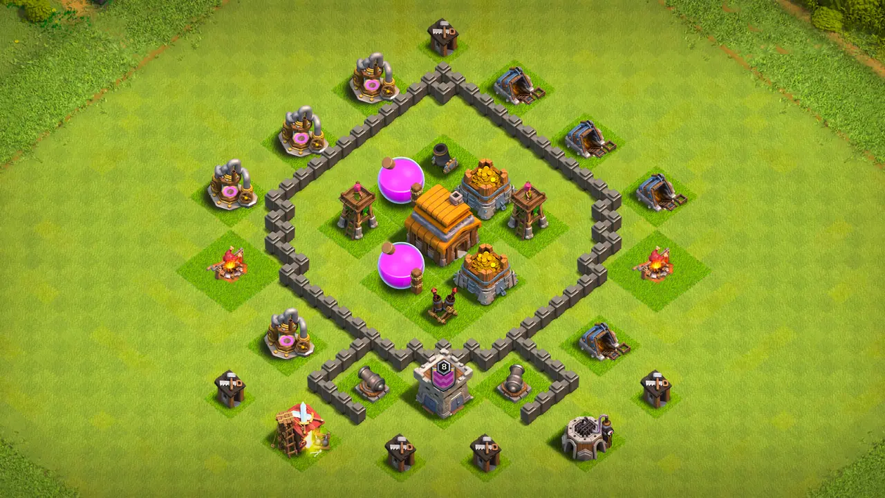 `TH4 farming base with Town Hall and storages behind thick walls, Mortar and Archer Tower combo, and central Air Defense with trap support.` scout view - full base layout for clash of clans town hall 4