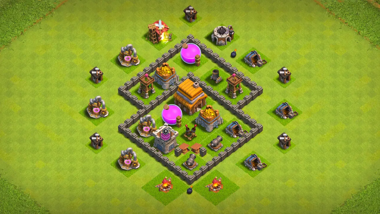 `Compact TH4 farming base with centered Air Defense, storages behind walls, and traps set to stop Giants and Wall Breakers.`