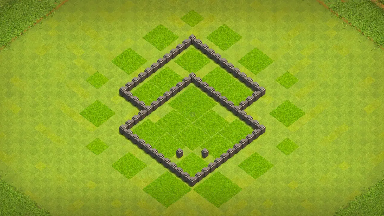 `Compact TH4 farming base with centered Air Defense, storages behind walls, and traps set to stop Giants and Wall Breakers.` wall view - wall layout only for clash of clans town hall 4