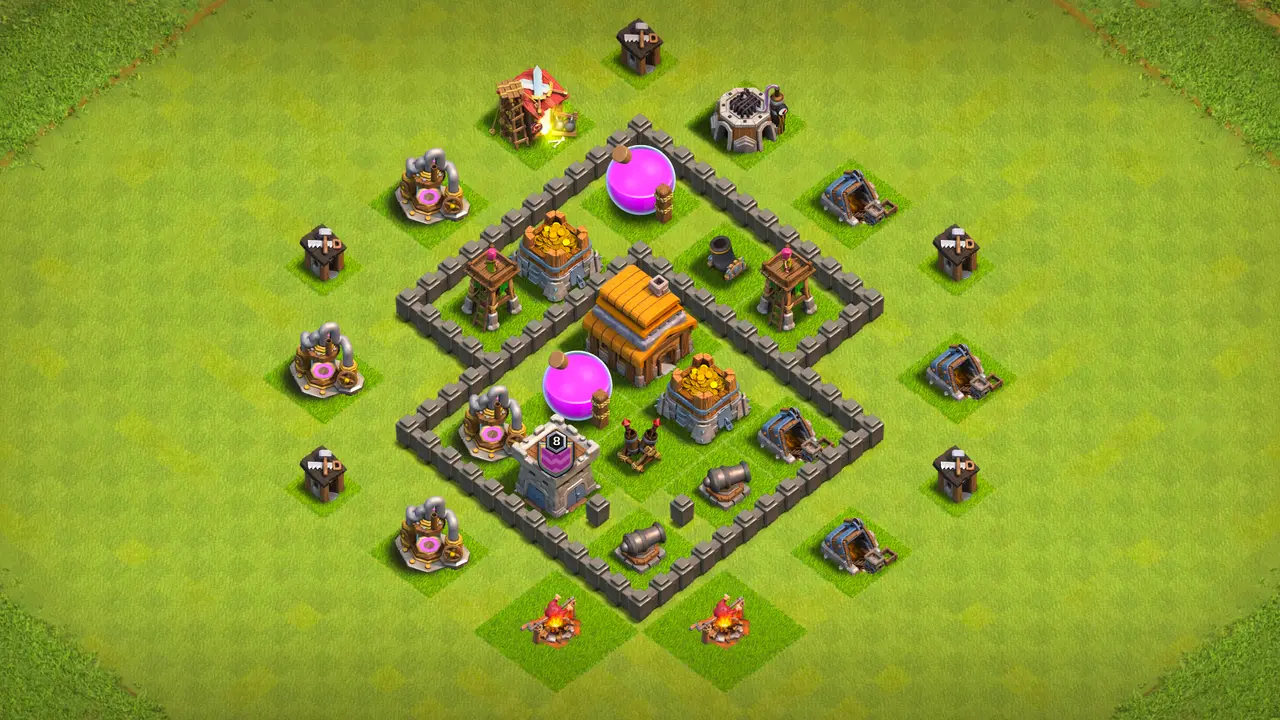 `Compact TH4 farming base with centered Air Defense, storages behind walls, and traps set to stop Giants and Wall Breakers.` scout view - full base layout for clash of clans town hall 4