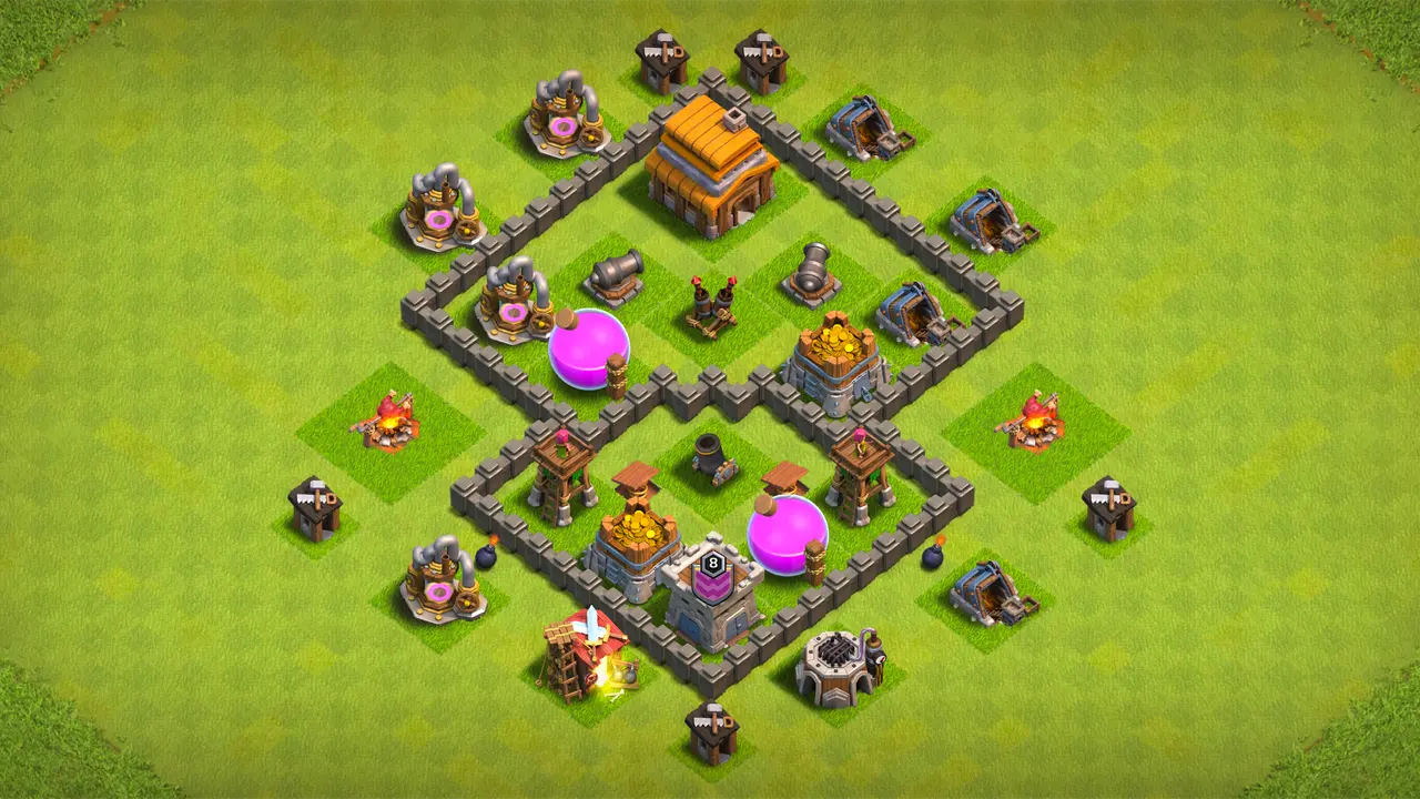 TH4 anti-3 farming base with Air Defense on top behind a Cannon, Mortar on bottom behind Archer Towers, and Spring Traps baiting Giants.