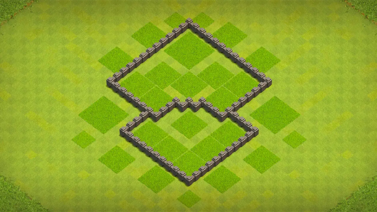 TH4 anti-3 farming base with Air Defense on top behind a Cannon, Mortar on bottom behind Archer Towers, and Spring Traps baiting Giants. wall view - wall layout only for clash of clans town hall 4