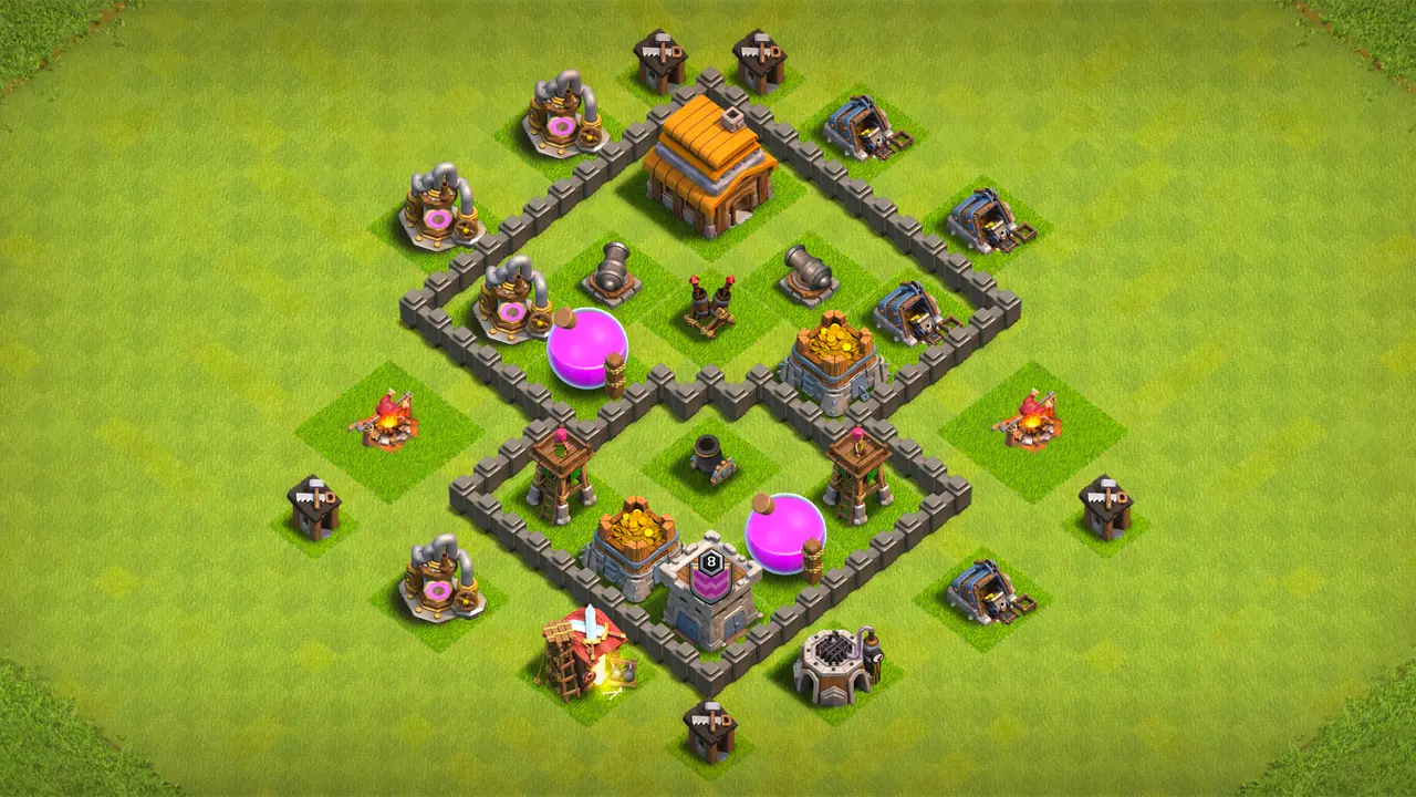 TH4 anti-3 farming base with Air Defense on top behind a Cannon, Mortar on bottom behind Archer Towers, and Spring Traps baiting Giants. scout view - full base layout for clash of clans town hall 4