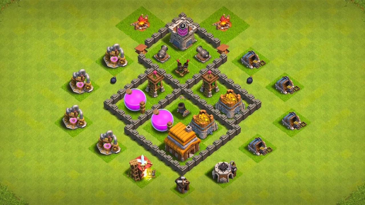 TH4 farming base with centered Mortar, storages inside walls, and traps funneling Giants away from Air Defense.