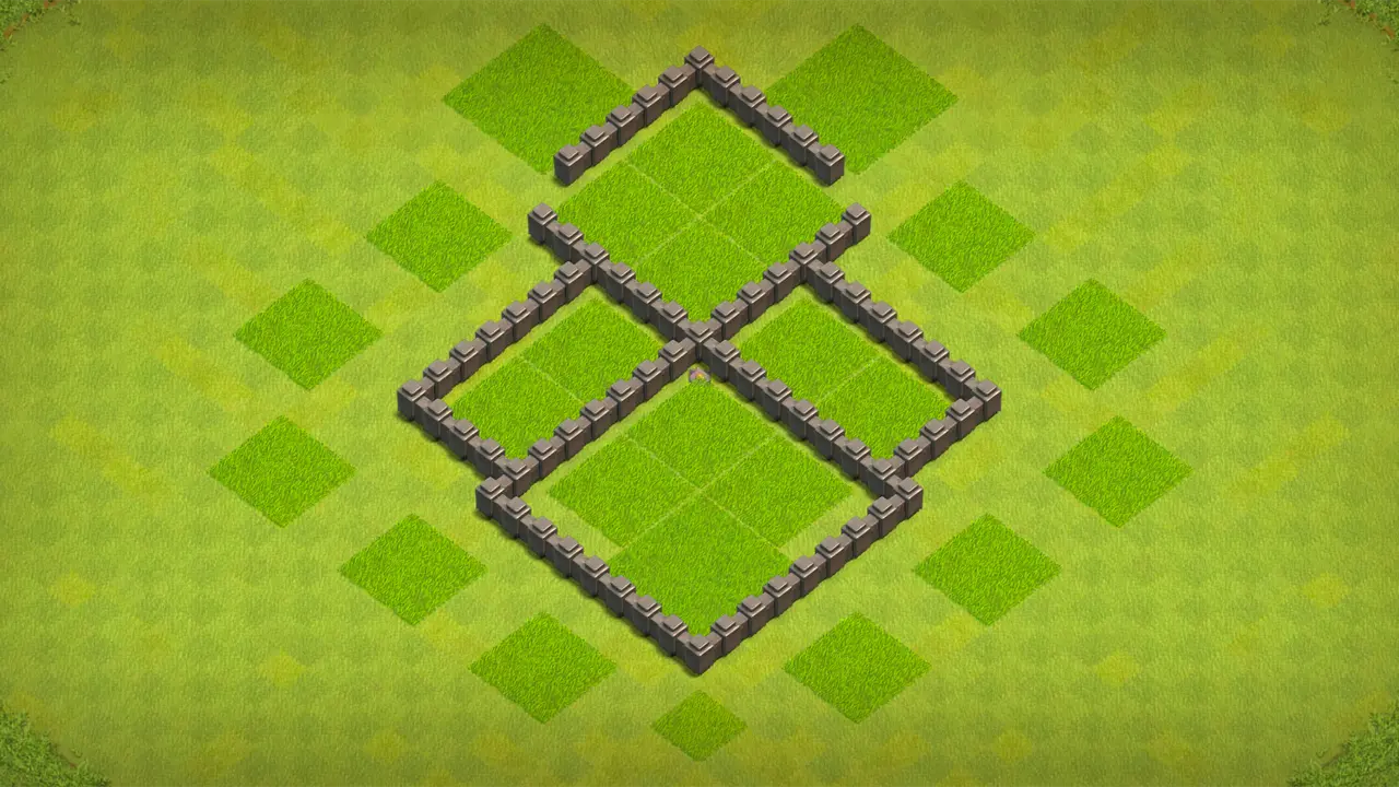 TH4 farming base with centered Mortar, storages inside walls, and traps funneling Giants away from Air Defense. wall view - wall layout only for clash of clans town hall 4