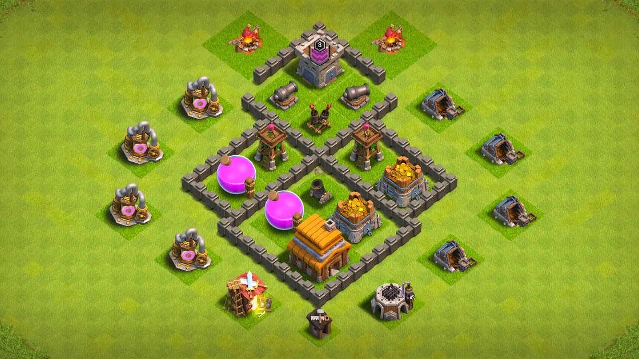 TH4 farming base with centered Mortar, storages inside walls, and traps funneling Giants away from Air Defense. scout view - full base layout for clash of clans town hall 4