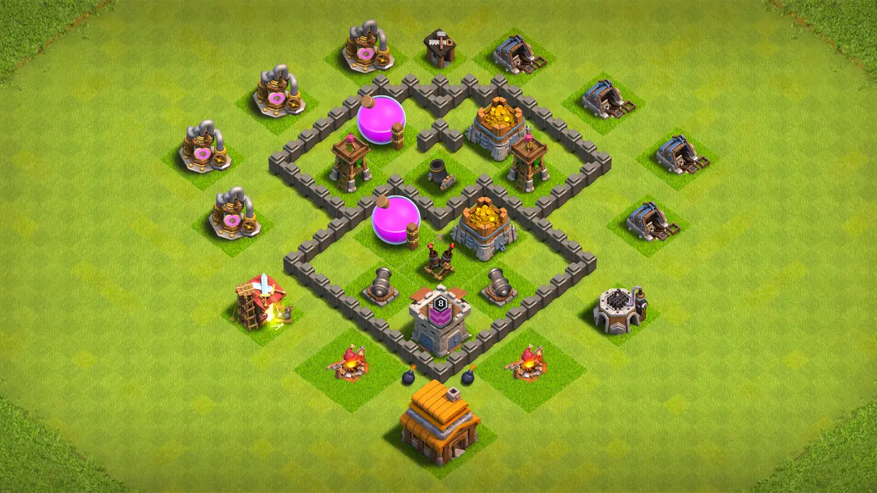**TH4 Anti-3 Farming Base #3**  - Town Hall sits outside as bait, pulling attackers away from your storages. - Storages stay locked in two walled sections with defenses grouped tight for stacked damage. - Top Mortar gets Archer Tower backup, bottom Air Defense sits behind a Cannon and Spring Traps to pop Giants early. - Bombs block Wall Breakers from cracking through the walls.  `TH4 farming base with Town Hall outside as bait, storages in two walled sections, and traps set to stop Giants and Wall Breakers.`