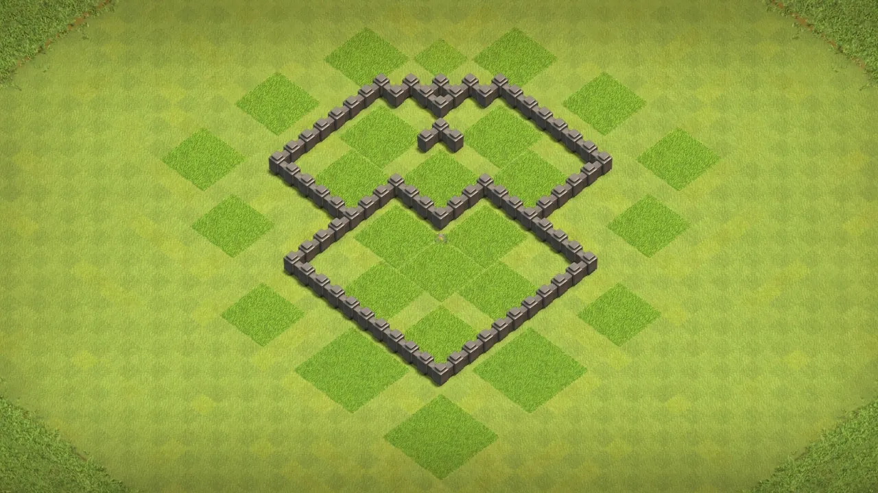 **TH4 Anti-3 Farming Base #3** - Town Hall sits outside as bait, pulling attackers away from your storages. - Storages stay locked in two walled sections with defenses grouped tight for stacked damage. - Top Mortar gets Archer Tower backup, bottom Air Defense sits behind a Cannon and Spring Traps to pop Giants early. - Bombs block Wall Breakers from cracking through the walls. `TH4 farming base with Town Hall outside as bait, storages in two walled sections, and traps set to stop Giants and Wall Breakers.` wall view - wall layout only for clash of clans town hall 4