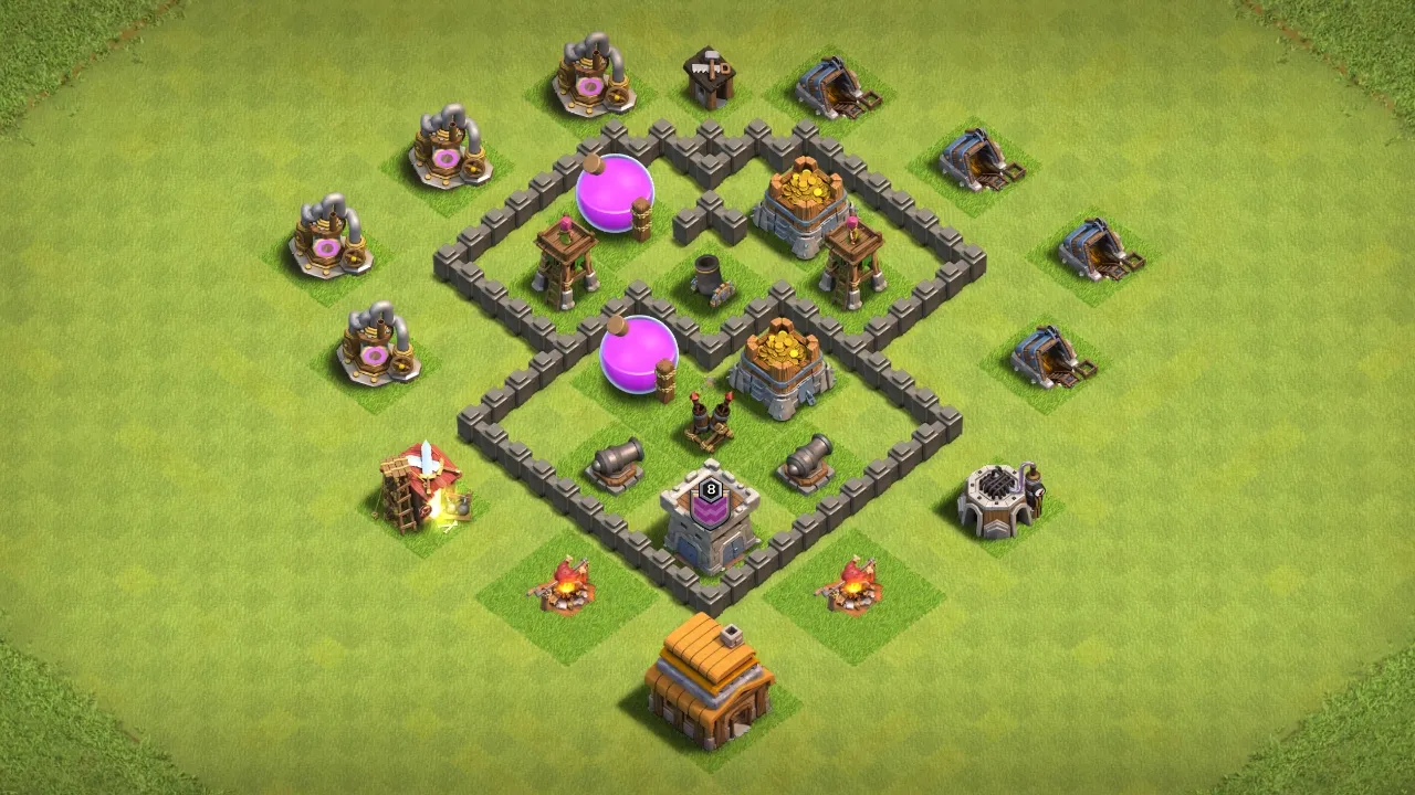 **TH4 Anti-3 Farming Base #3** - Town Hall sits outside as bait, pulling attackers away from your storages. - Storages stay locked in two walled sections with defenses grouped tight for stacked damage. - Top Mortar gets Archer Tower backup, bottom Air Defense sits behind a Cannon and Spring Traps to pop Giants early. - Bombs block Wall Breakers from cracking through the walls. `TH4 farming base with Town Hall outside as bait, storages in two walled sections, and traps set to stop Giants and Wall Breakers.` scout view - full base layout for clash of clans town hall 4