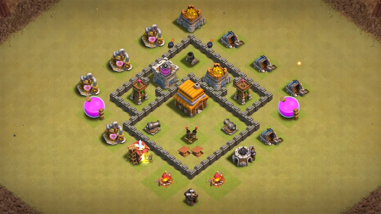 TH4 war base with centered Town Hall, Spring Traps stopping Giants, and Bombs blocking Wall Breakers in a wide defensive layout.