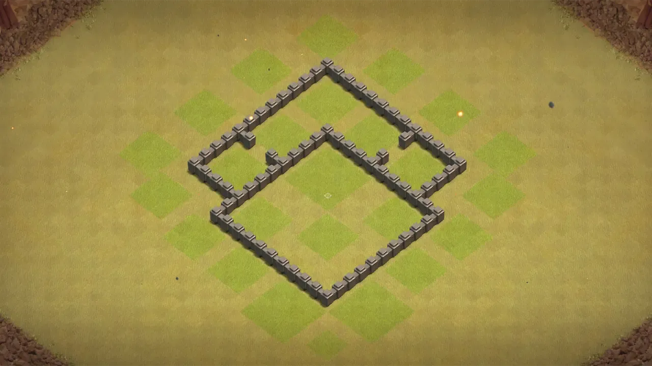 TH4 war base with centered Town Hall, Spring Traps stopping Giants, and Bombs blocking Wall Breakers in a wide defensive layout. wall view - wall layout only for clash of clans town hall 4