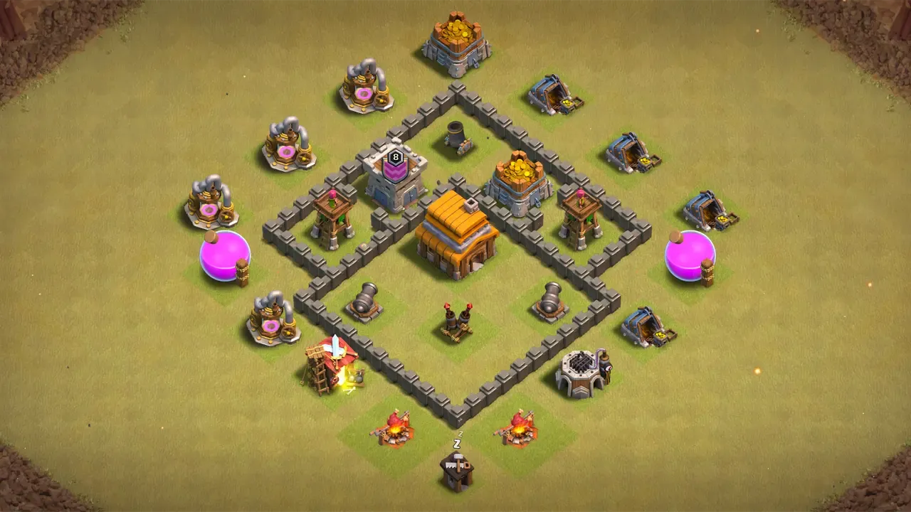 TH4 war base with centered Town Hall, Spring Traps stopping Giants, and Bombs blocking Wall Breakers in a wide defensive layout. scout view - full base layout for clash of clans town hall 4