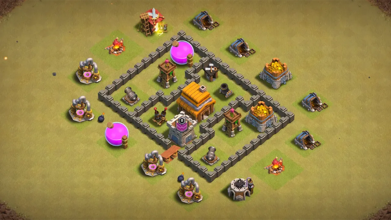 TH4 war base with three-section core, Spring Trap funnel killing Giants instantly, and Mortar grinding troops throughout the fight.
