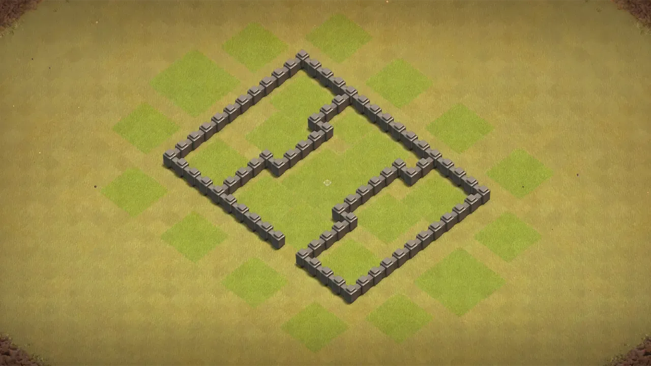 TH4 war base with three-section core, Spring Trap funnel killing Giants instantly, and Mortar grinding troops throughout the fight. wall view - wall layout only for clash of clans town hall 4