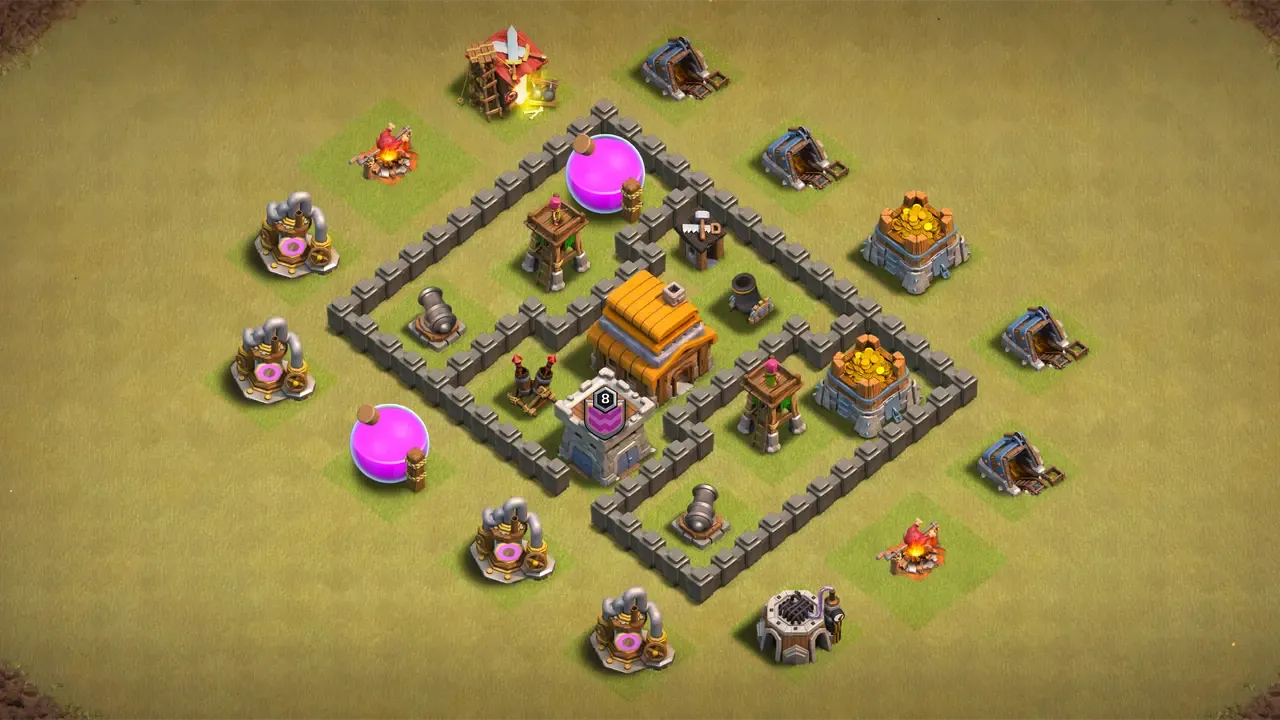 TH4 war base with three-section core, Spring Trap funnel killing Giants instantly, and Mortar grinding troops throughout the fight. scout view - full base layout for clash of clans town hall 4