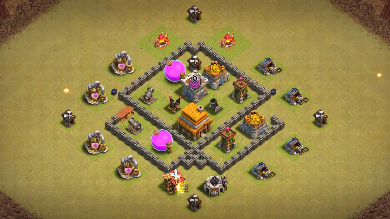 TH4 war base with deep Town Hall, Spring Traps stopping early Giants, and Cannon protecting Air Defense against Balloon attacks.