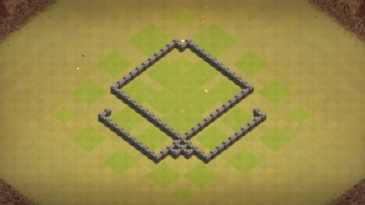 TH4 war base with deep Town Hall, Spring Traps stopping early Giants, and Cannon protecting Air Defense against Balloon attacks. wall view - wall layout only for clash of clans town hall 4