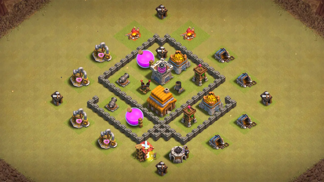 TH4 war base with deep Town Hall, Spring Traps stopping early Giants, and Cannon protecting Air Defense against Balloon attacks. scout view - full base layout for clash of clans town hall 4
