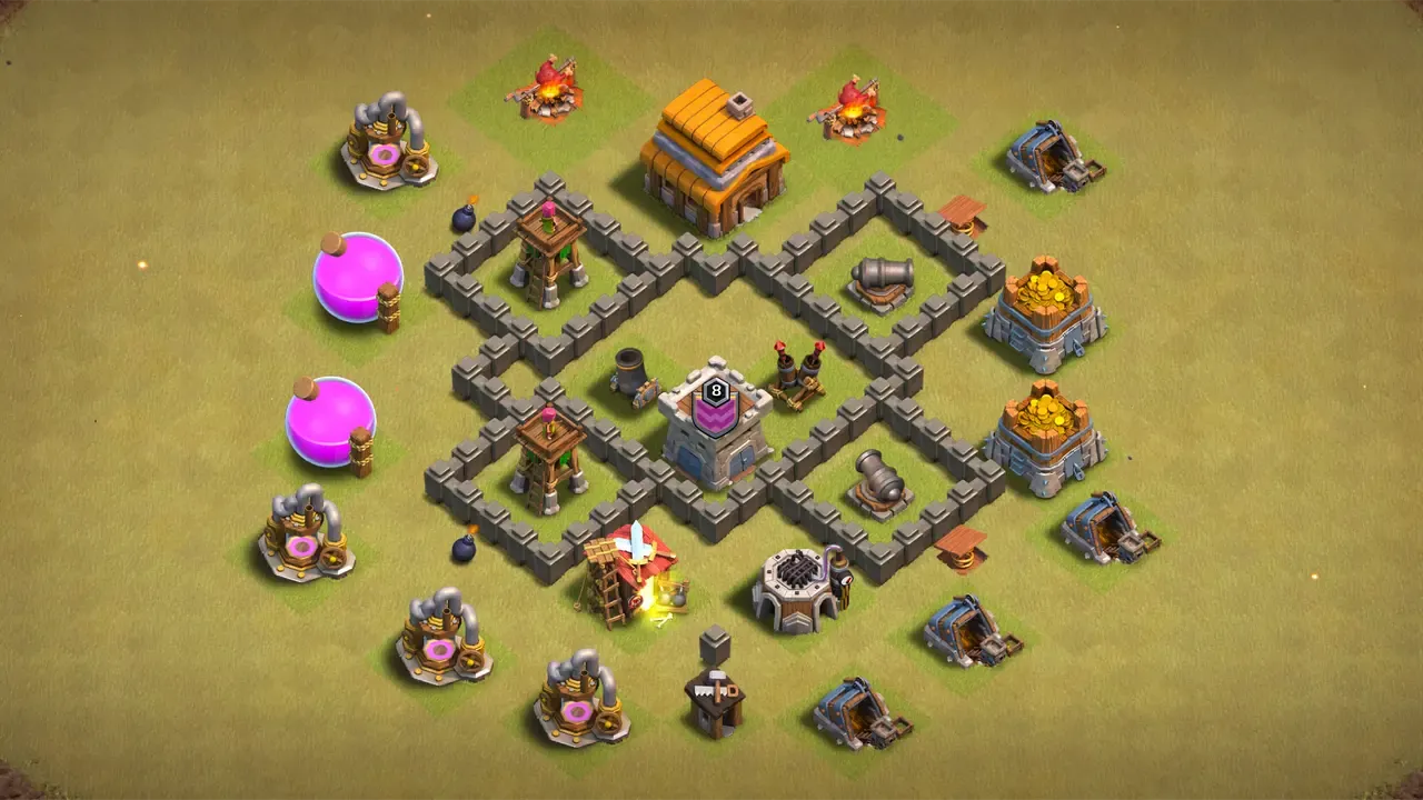 TH4 CWL base with centered Clan Castle and Air Defense, outside Town Hall to lower three-star chances, and full ground and air coverage.
