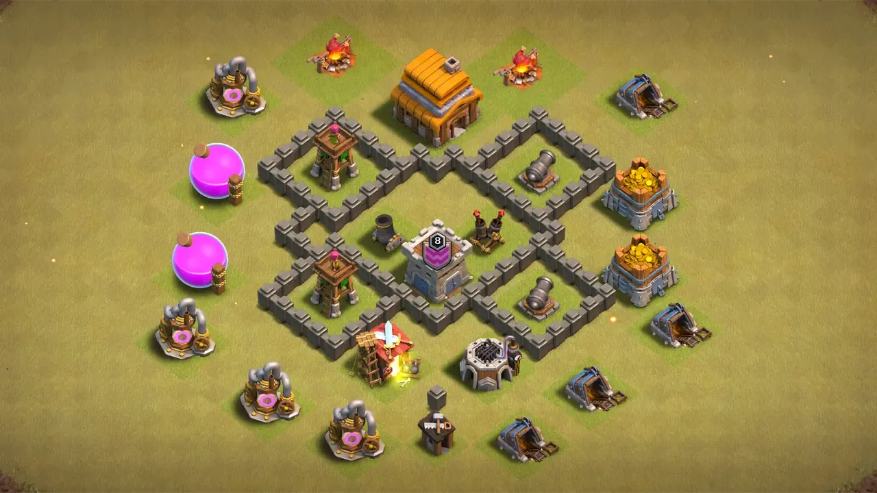 TH4 CWL base with centered Clan Castle and Air Defense, outside Town Hall to lower three-star chances, and full ground and air coverage. scout view - full base layout for clash of clans town hall 4