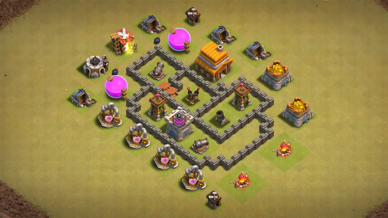 TH4 CWL base with asymmetric layout, centered Air Defense, Spring Traps stopping Giants, and Mortar shielded from Archers and Wizards.