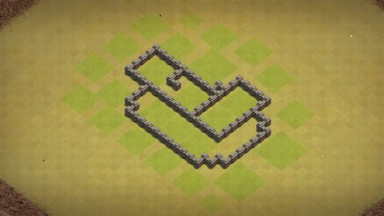 TH4 CWL base with asymmetric layout, centered Air Defense, Spring Traps stopping Giants, and Mortar shielded from Archers and Wizards. wall view - wall layout only for clash of clans town hall 4