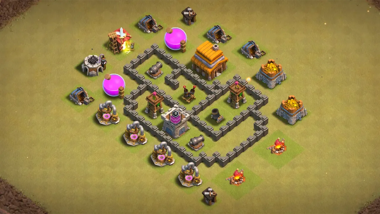 TH4 CWL base with asymmetric layout, centered Air Defense, Spring Traps stopping Giants, and Mortar shielded from Archers and Wizards. scout view - full base layout for clash of clans town hall 4