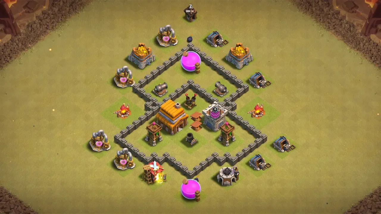 TH4 CWL base with wide layout, Spring Traps on push paths, and Bombs protecting Air Defense from Wall Breakers.