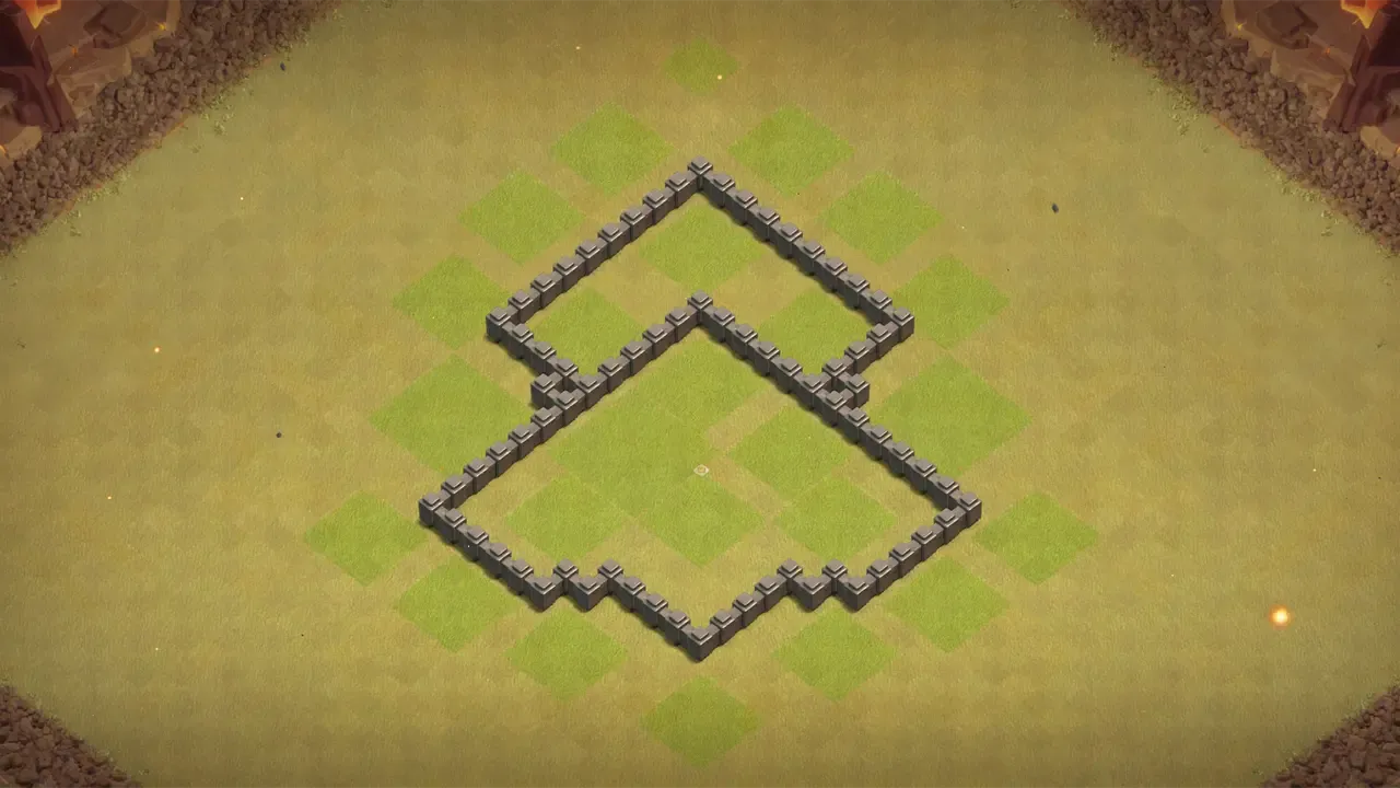 TH4 CWL base with wide layout, Spring Traps on push paths, and Bombs protecting Air Defense from Wall Breakers. wall view - wall layout only for clash of clans town hall 4