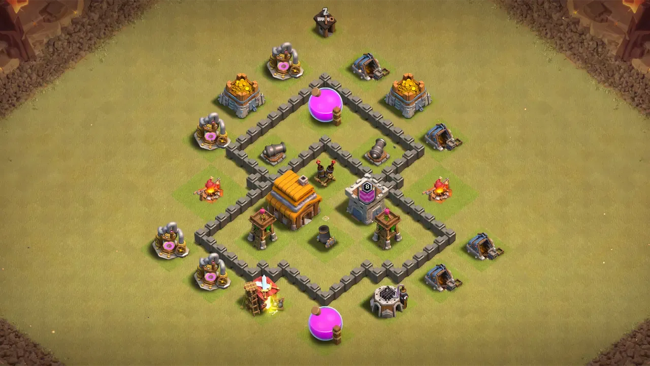 TH4 CWL base with wide layout, Spring Traps on push paths, and Bombs protecting Air Defense from Wall Breakers. scout view - full base layout for clash of clans town hall 4