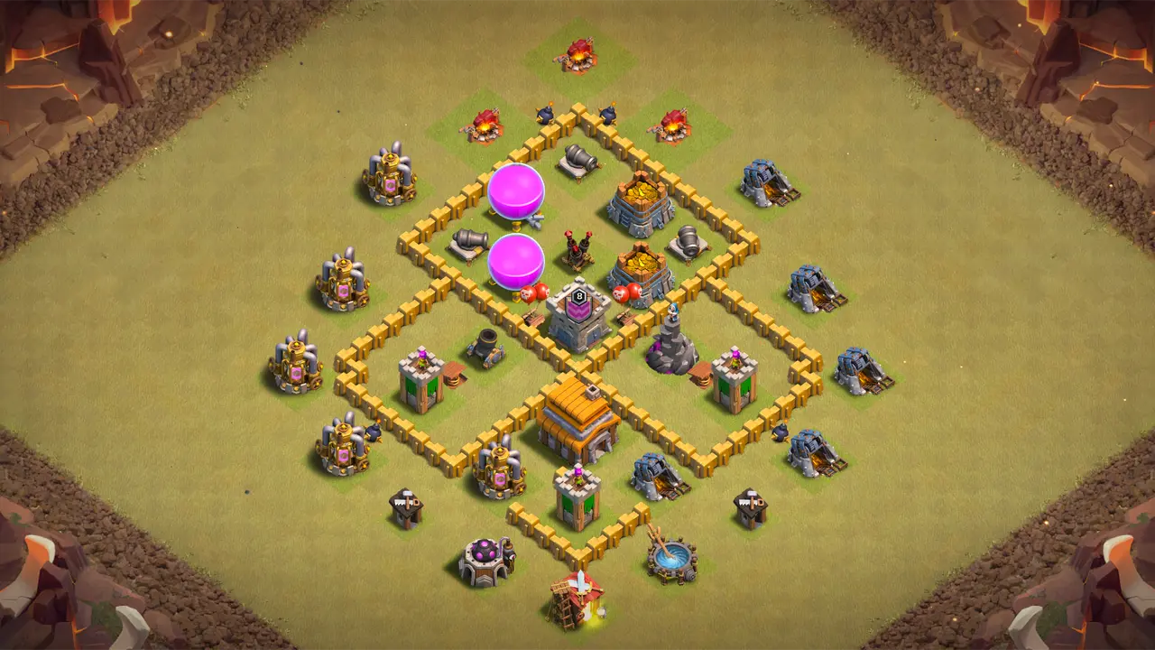 TH5 CWL base with wide box layout, Spring Traps pulling Giants early, and Air Bombs stopping Balloon attacks before they reach core defenses.