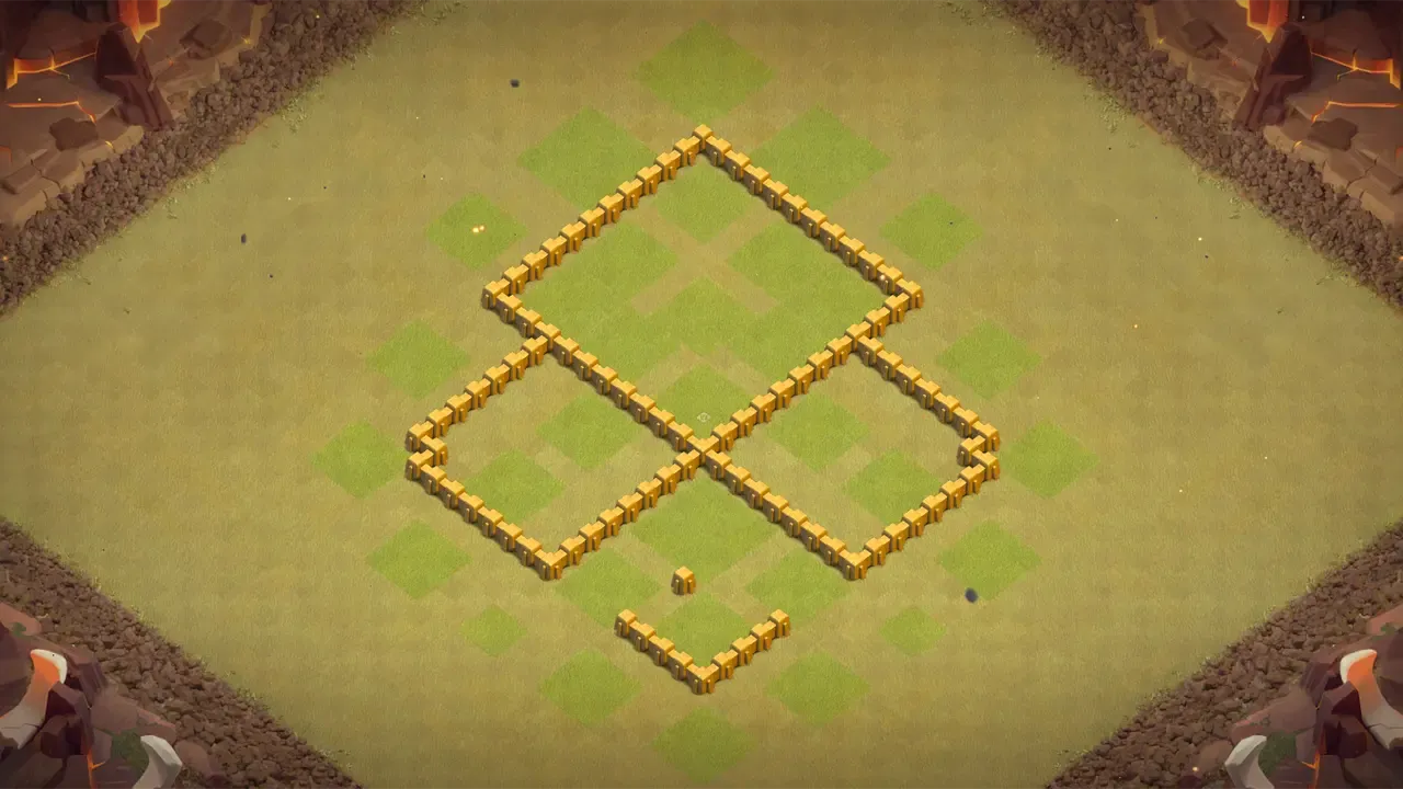 TH5 CWL base with wide box layout, Spring Traps pulling Giants early, and Air Bombs stopping Balloon attacks before they reach core defenses. wall view - wall layout only for clash of clans town hall 5