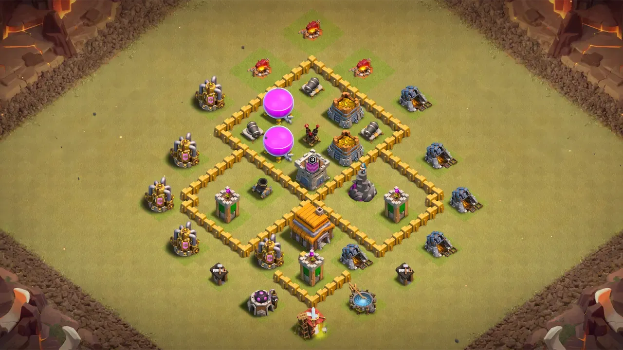 TH5 CWL base with wide box layout, Spring Traps pulling Giants early, and Air Bombs stopping Balloon attacks before they reach core defenses. scout view - full base layout for clash of clans town hall 5