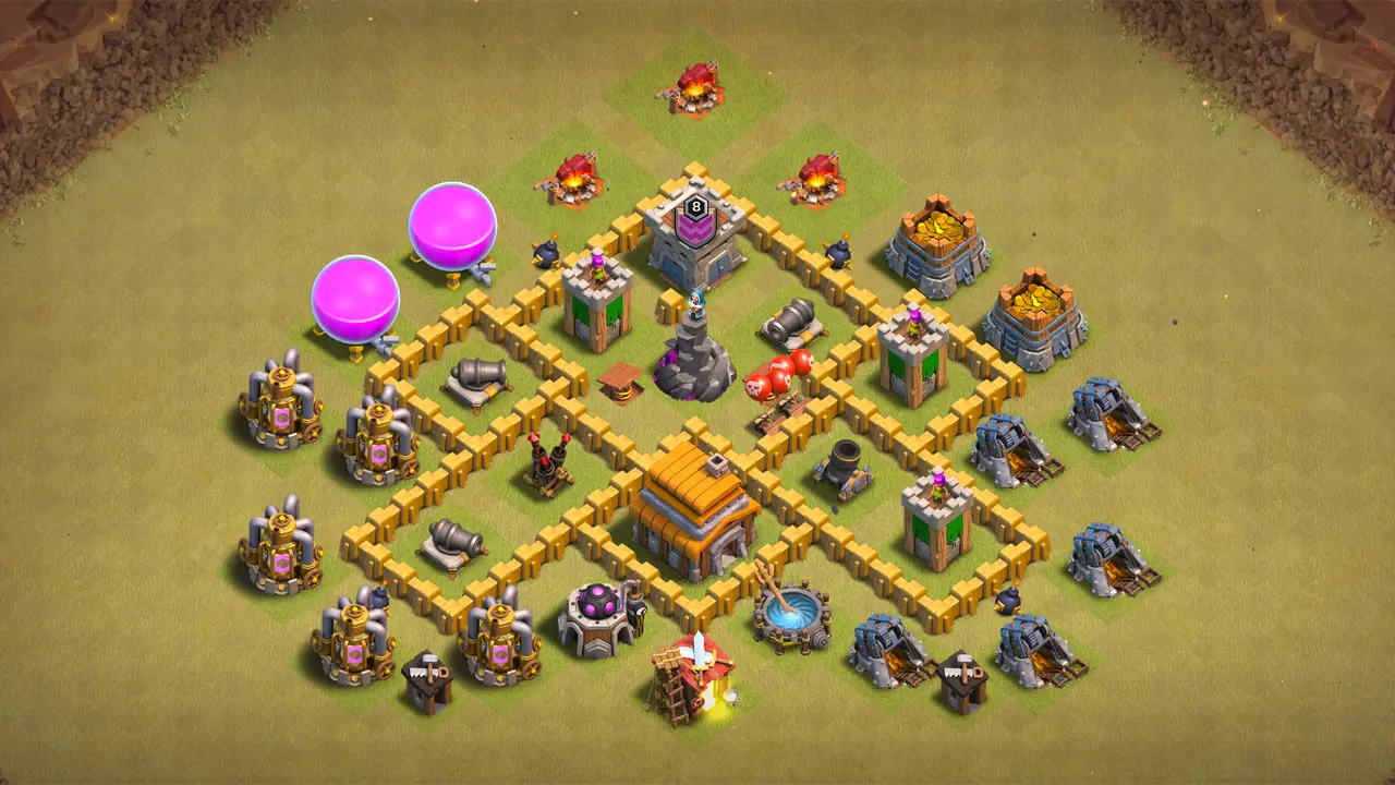 TH5 CWL base with U-shaped funnel layout, double Air Bombs shredding Balloon clusters, and Spring Traps stopping Giants on the main push path.