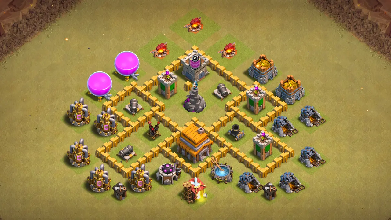 TH5 CWL base with U-shaped funnel layout, double Air Bombs shredding Balloon clusters, and Spring Traps stopping Giants on the main push path. scout view - full base layout for clash of clans town hall 5
