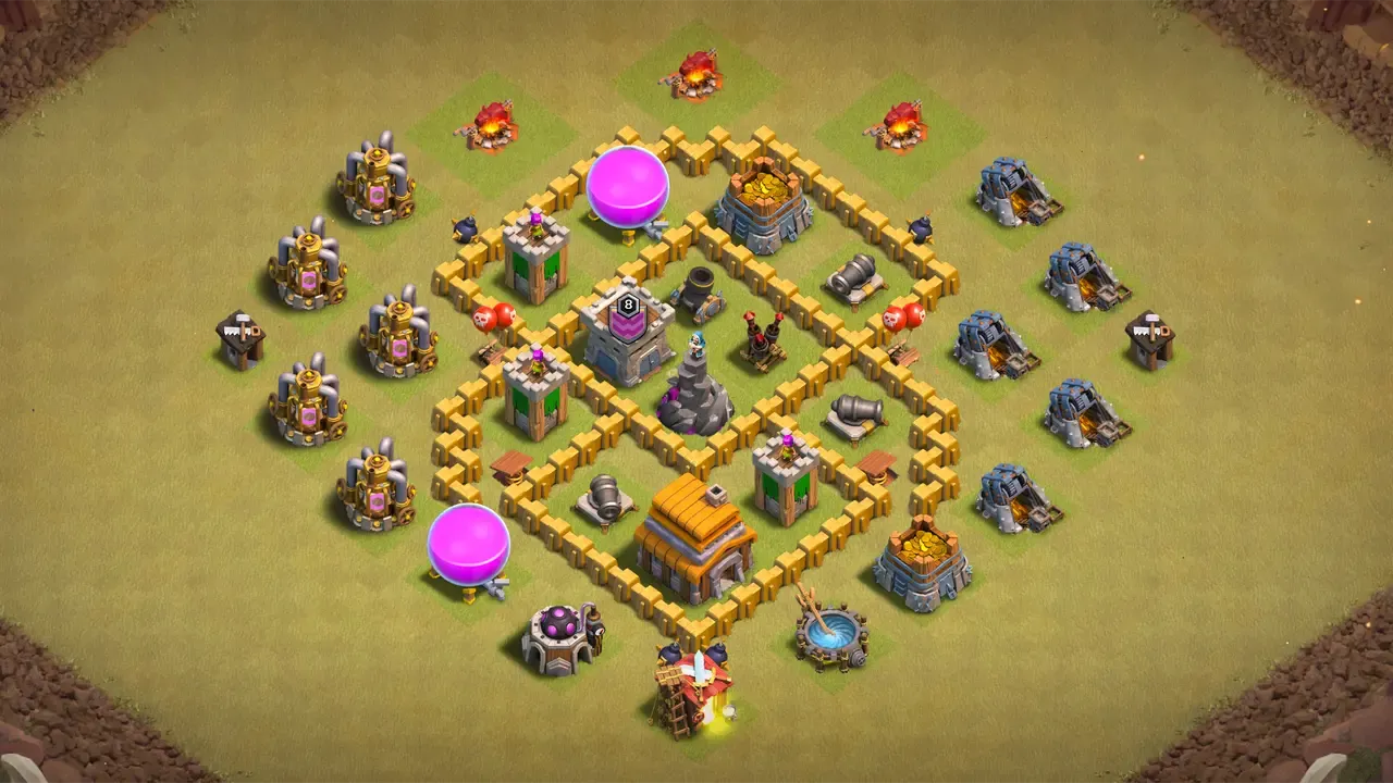 TH5 CWL base with diamond layout, Giant-baiting traps, walled Town Hall with Cannon cover, and central Wizard Tower grinding ground troops.