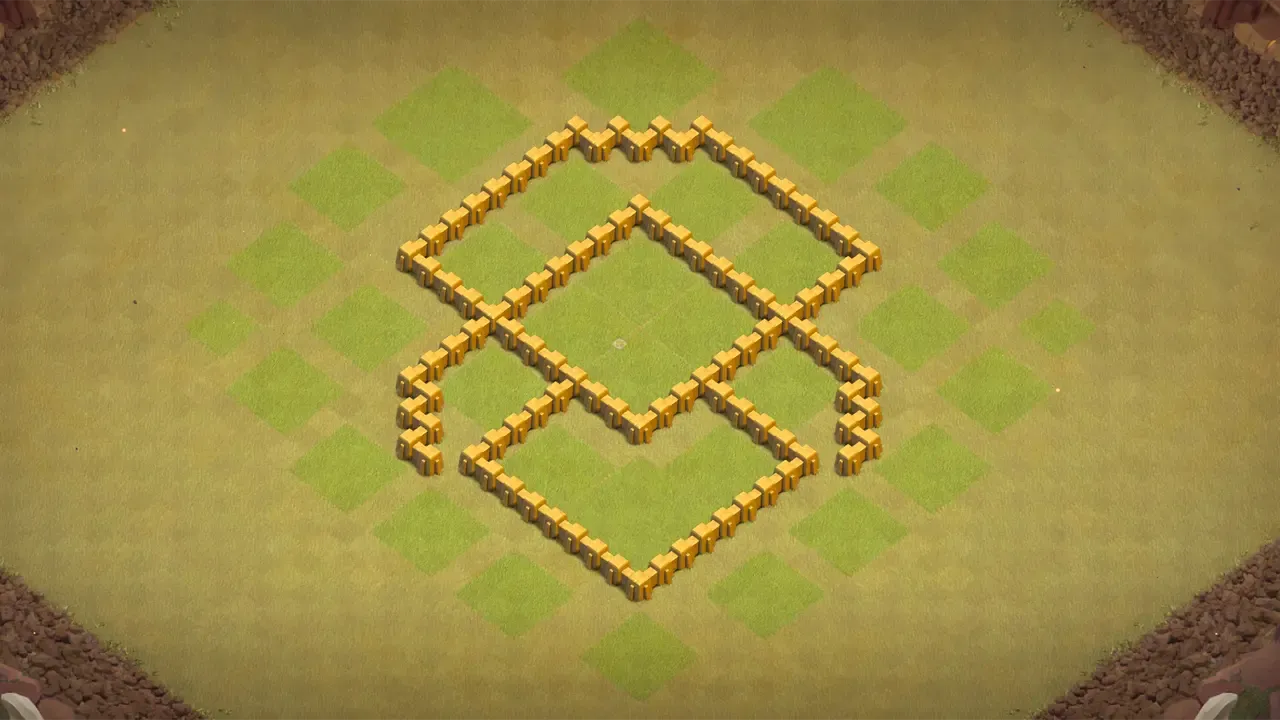 TH5 CWL base with diamond layout, Giant-baiting traps, walled Town Hall with Cannon cover, and central Wizard Tower grinding ground troops. wall view - wall layout only for clash of clans town hall 5