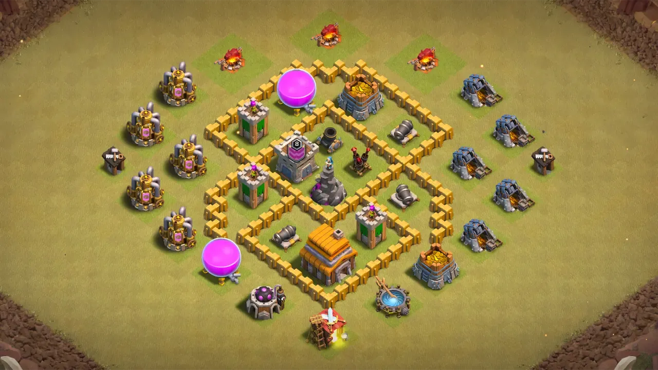 TH5 CWL base with diamond layout, Giant-baiting traps, walled Town Hall with Cannon cover, and central Wizard Tower grinding ground troops. scout view - full base layout for clash of clans town hall 5